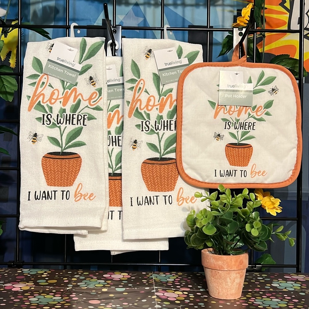 New Trueliving 5Pcs Set of Plant Lady Kitchen Towels Pot Holder & Faux Succulent